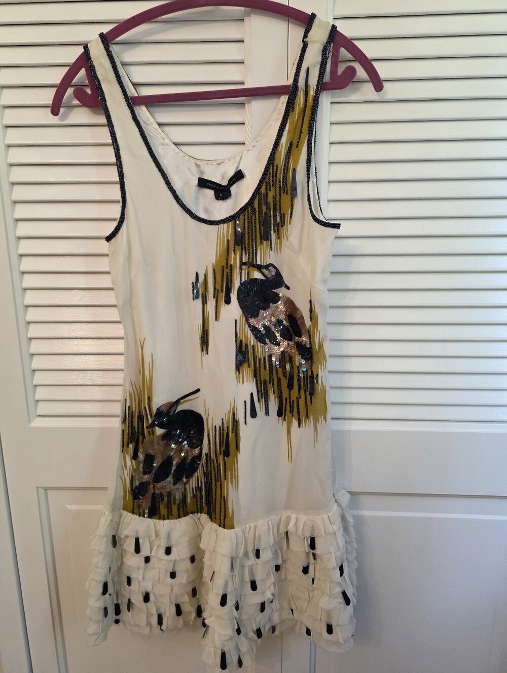 NWT French Connection Rushes And Sequin Bird Print Dress with Ruffle Hem 6